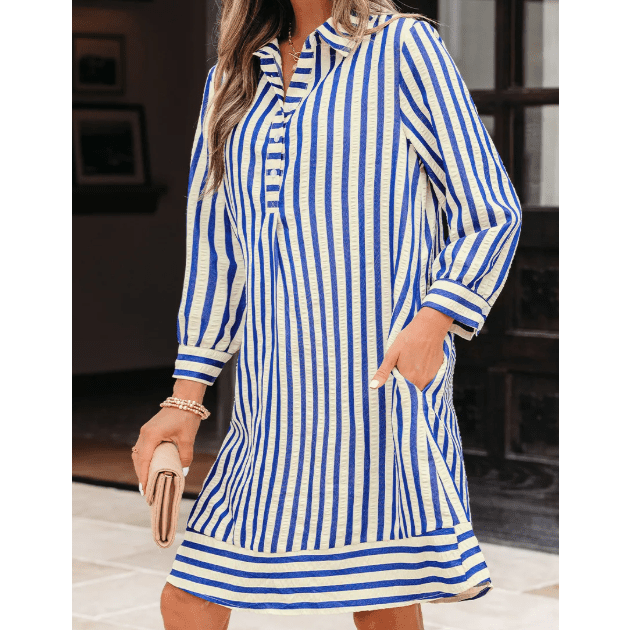 Robbin Blue Stripe Collared Half Button Side Pockets Loose Fit Mini Dress