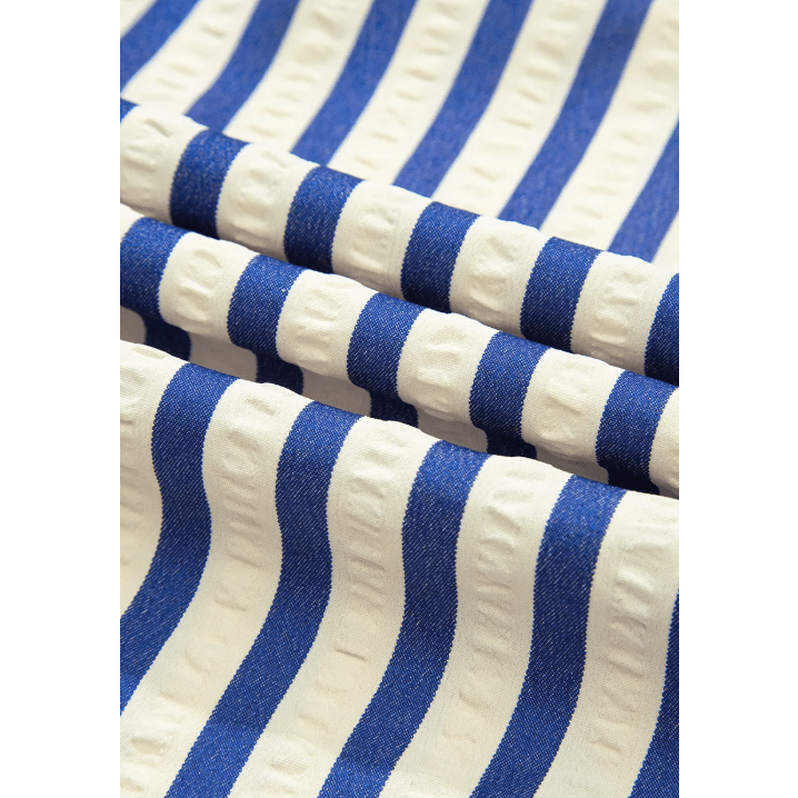 Robbin Blue Stripe Collared Half Button Side Pockets Loose Fit Mini Dress