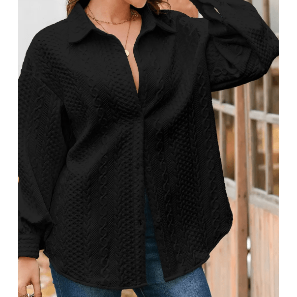 Maddox Black Cable Texture Puff Sleeve Loose Shacket