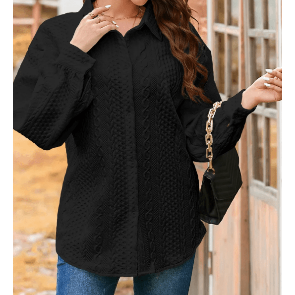 Maddox Black Cable Texture Puff Sleeve Loose Shacket