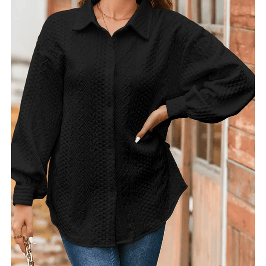 Maddox Black Cable Texture Puff Sleeve Loose Shacket