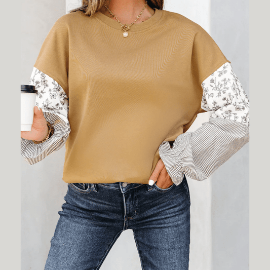 Kynlee Camel Floral Striped Patchwork Ruffled Sleeve Crew Neck Sweatshirt