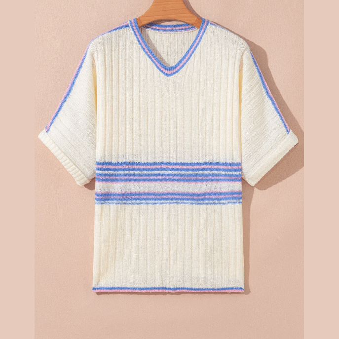 Claudi Striped V Neck Dolman Sleeve Rib Knit Oversized Sweater with Slits