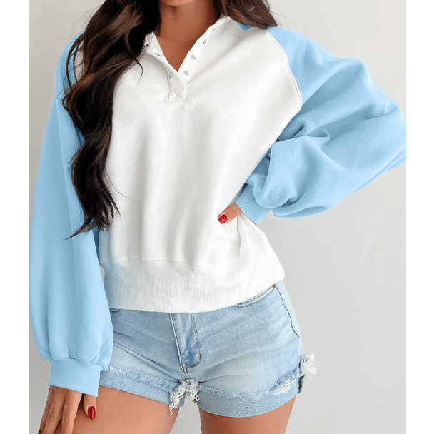 Amia Beau Blue Colorblock Snap Buttons Pullover Sweatshirt