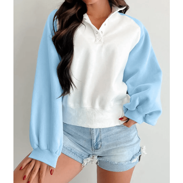 Amia Beau Blue Colorblock Snap Buttons Pullover Sweatshirt