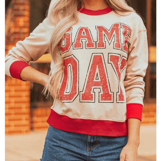 GAME DAY Letter Graphic Varsity Striped Detail Baggy Sweatshirt