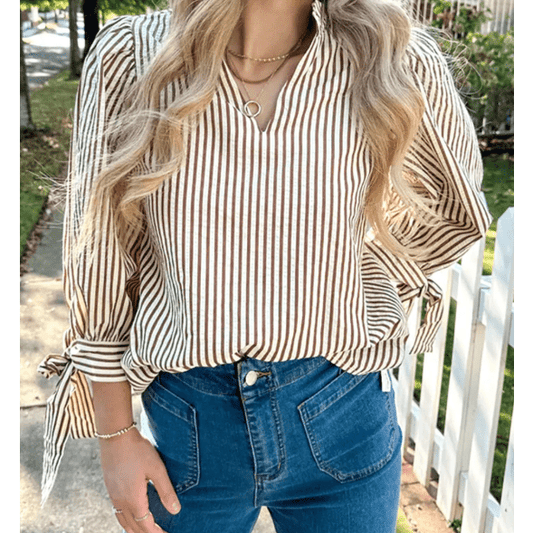 Gwen Striped Print Tied Cuffs Split Neck Seersucker Blouse