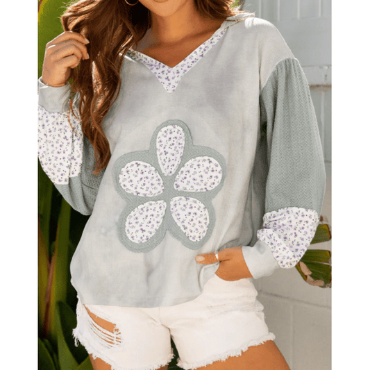 Jorda Green Floral Patched Waffle Textured Colorblock V Neck Casual Hooded Top