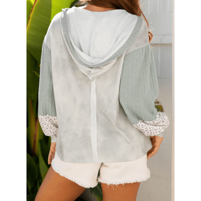 Jorda Green Floral Patched Waffle Textured Colorblock V Neck Casual Hooded Top