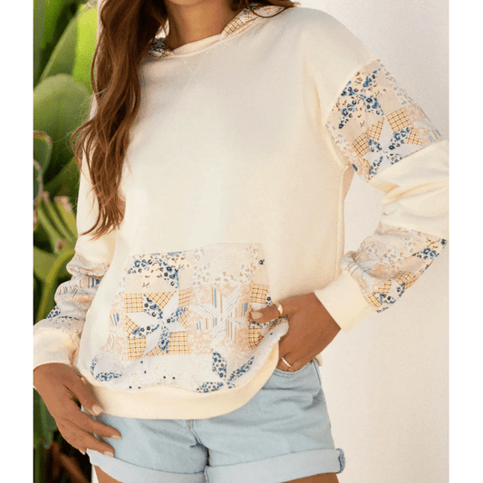 Karleigh Beige Western Geo Pattern Patchwork Hoodie with Kangaroo Pocket