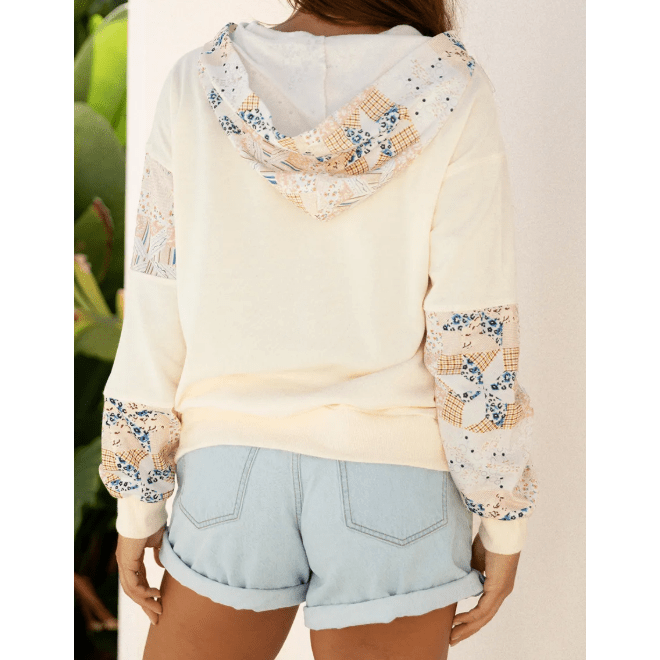Karleigh Beige Western Geo Pattern Patchwork Hoodie with Kangaroo Pocket