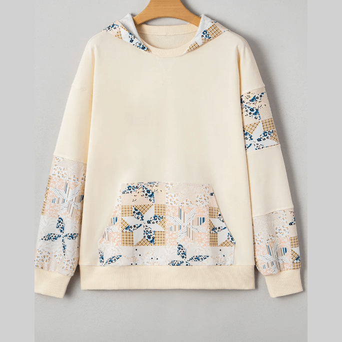 Karleigh Beige Western Geo Pattern Patchwork Hoodie with Kangaroo Pocket