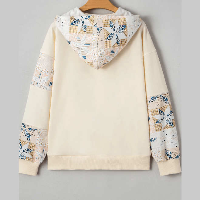 Karleigh Beige Western Geo Pattern Patchwork Hoodie with Kangaroo Pocket