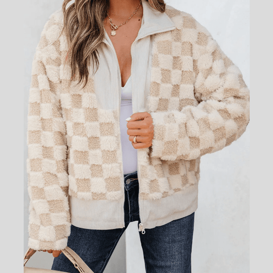 Maddie Khaki Checker Sherpa Corduroy Patchwork Zip up Collared Jacket