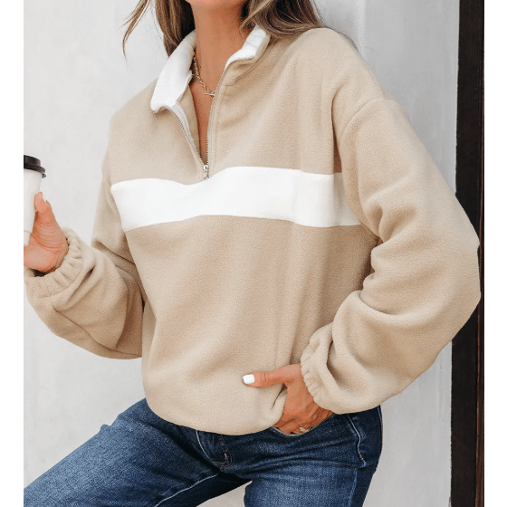 Ven Parchment Fleece Colorblock Patchwork Zipped Neck Pullover Sweatshirt