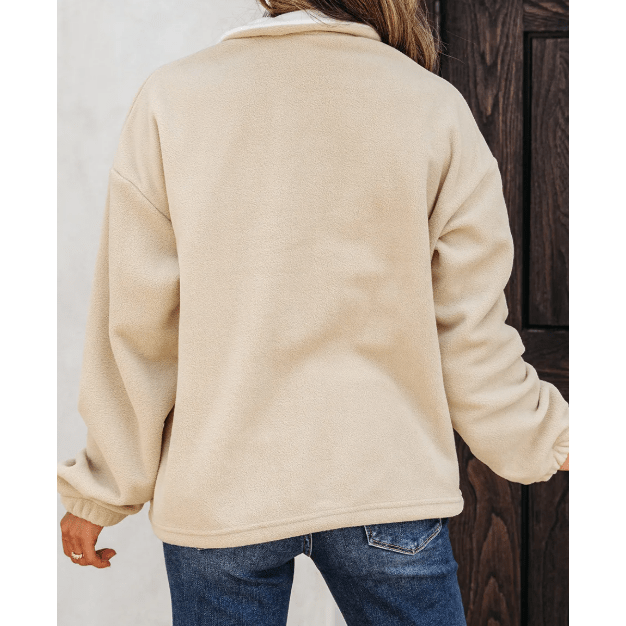 Ven Parchment Fleece Colorblock Patchwork Zipped Neck Pullover Sweatshirt
