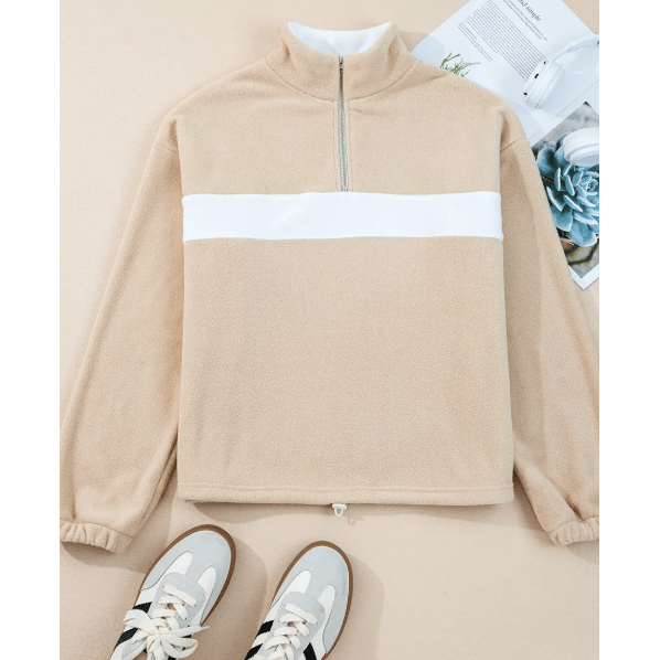 Ven Parchment Fleece Colorblock Patchwork Zipped Neck Pullover Sweatshirt