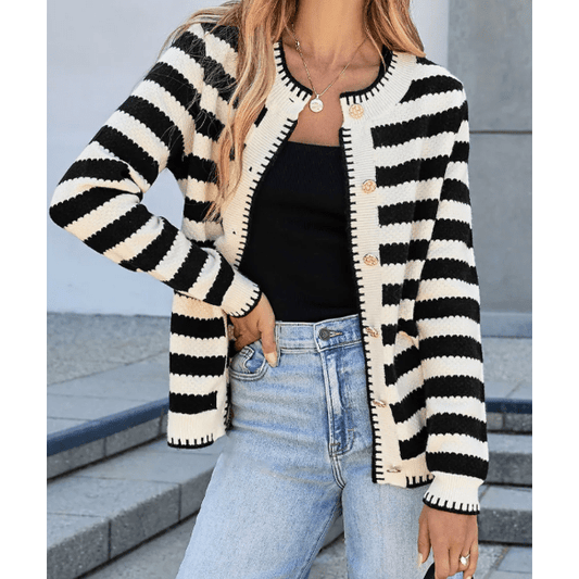 Kassidy White/Black Stripe Chic Golden Button Cardigan Sweater
