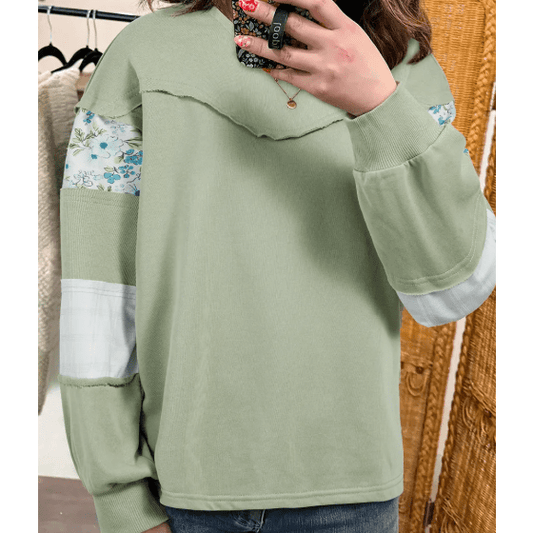 Nerissa Laurel Green Floral Plaid Mixed Sleeve Raw Edge Relaxed French Terry Top