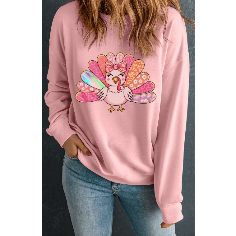 Pink Cute Thanksgiving Turkey Printed Drop Shoulder Sweatshirt