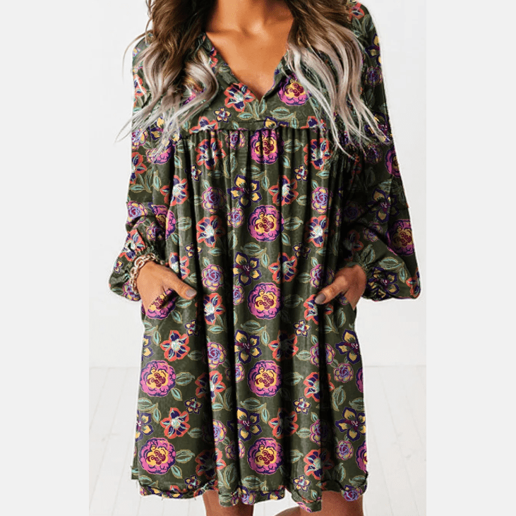 Chiquita Green Floral Print Split Neck Bubble Sleeve Shift Mini Dress