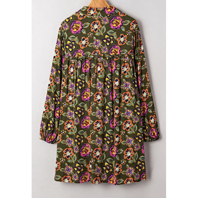 Chiquita Green Floral Print Split Neck Bubble Sleeve Shift Mini Dress