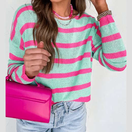 Sybil Green Stripe Round Neck Casual Sweater
