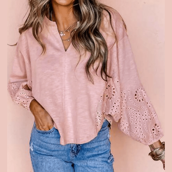 Annabeth Light Pink Keyhole Notch V Neck Batwing Sleeve Blouse