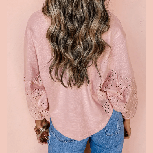Annabeth Light Pink Keyhole Notch V Neck Batwing Sleeve Blouse