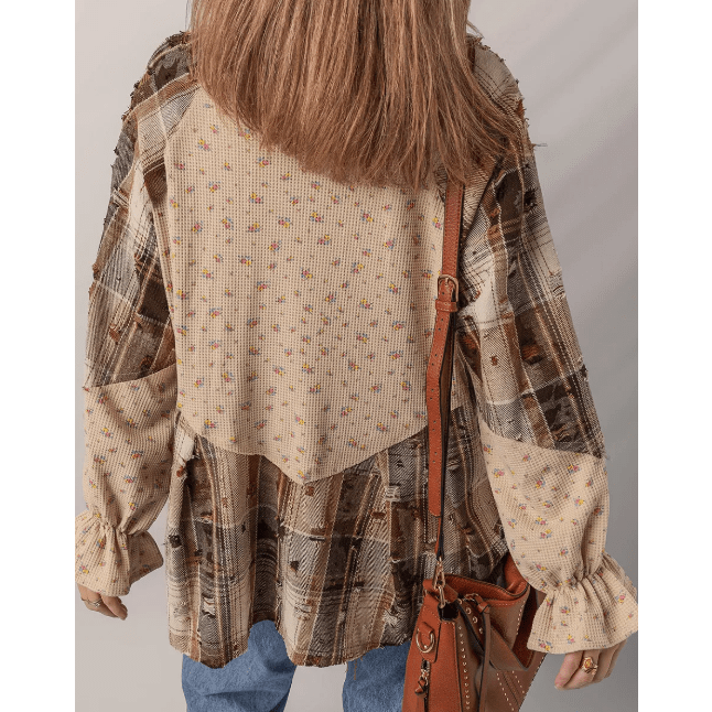 Dee Oatmeal Boho Floral Plaid Patchwork Distressed Detail Ruffled Sleeve Waffle Knit Shacket