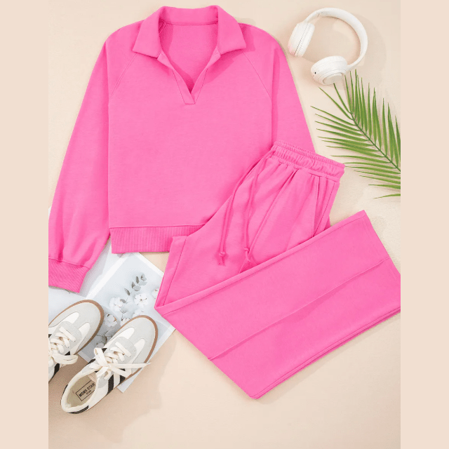 Ellerie Sachet Pink Solid Color Collared Pullover and Central Seam Pants Set