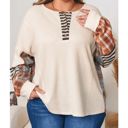 Jenny Parchment Plus Size Waffle Colorblock Striped Plaid Patchwork Half Button Pullover