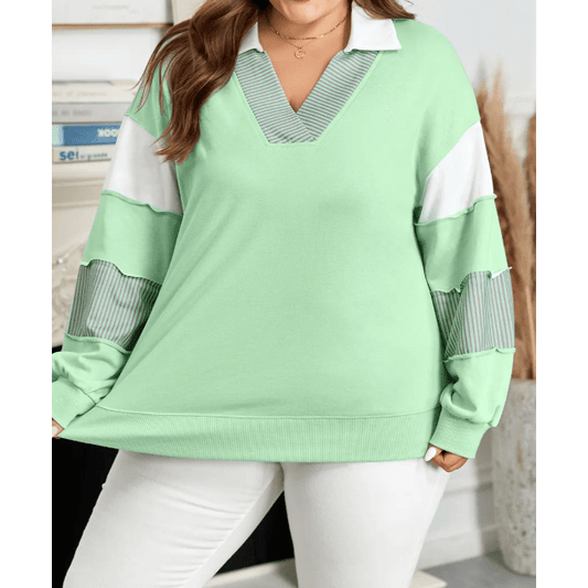 Montae Color Block Striped Patchwork Collar V Neck Plus Size Sweatshirt
