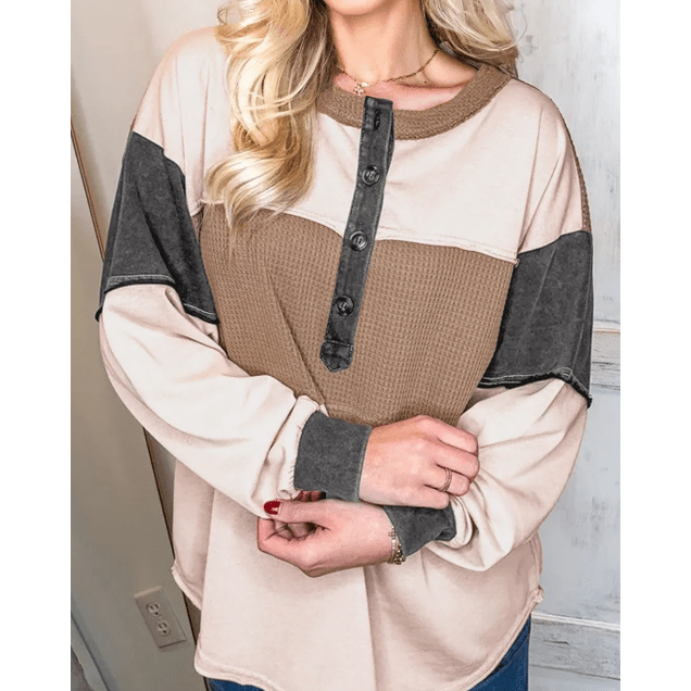 Malery Color Block Waffled Patchwork Loose Henley Top