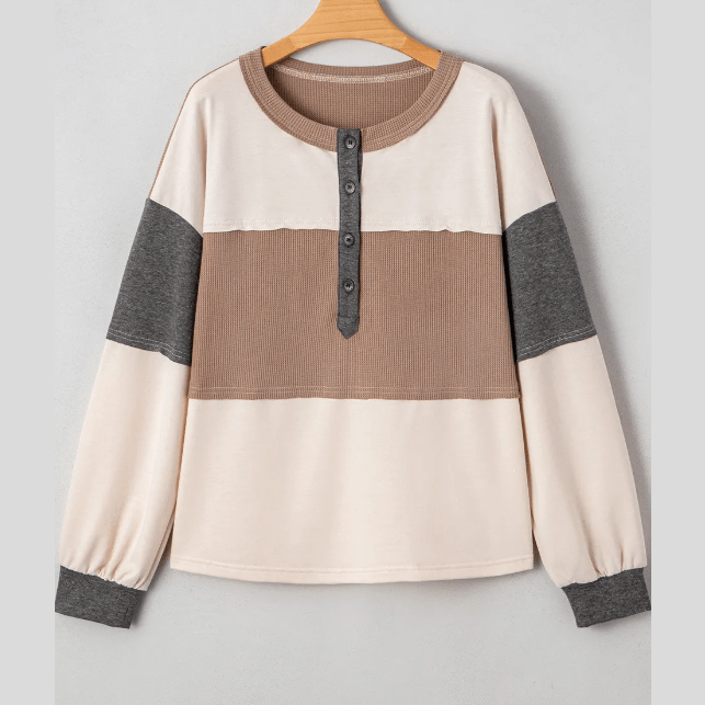 Malery Color Block Waffled Patchwork Loose Henley Top