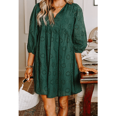 Vallisa Green Embroidered Eyelet Pattern 3/4 Puffy Sleeve Swing Mini Dress