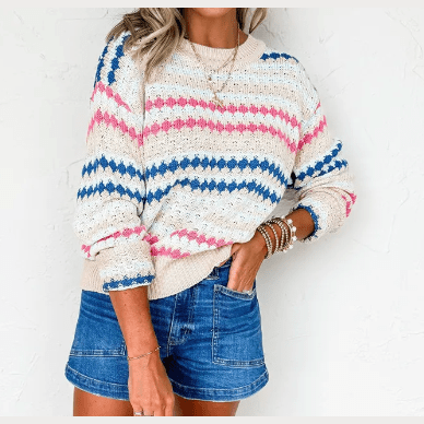 Carrie Khaki Stripe Eyelet Patterned Drop Shoulder Sweater