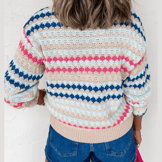 Carrie Khaki Stripe Eyelet Patterned Drop Shoulder Sweater