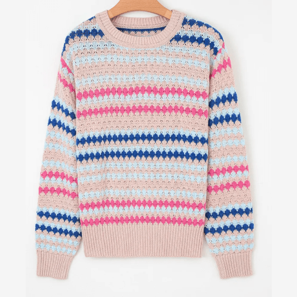 Carrie Khaki Stripe Eyelet Patterned Drop Shoulder Sweater