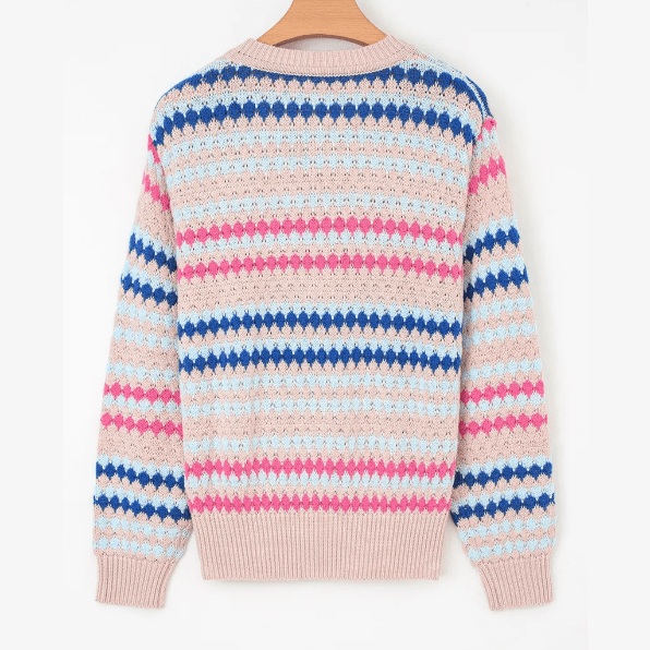 Carrie Khaki Stripe Eyelet Patterned Drop Shoulder Sweater