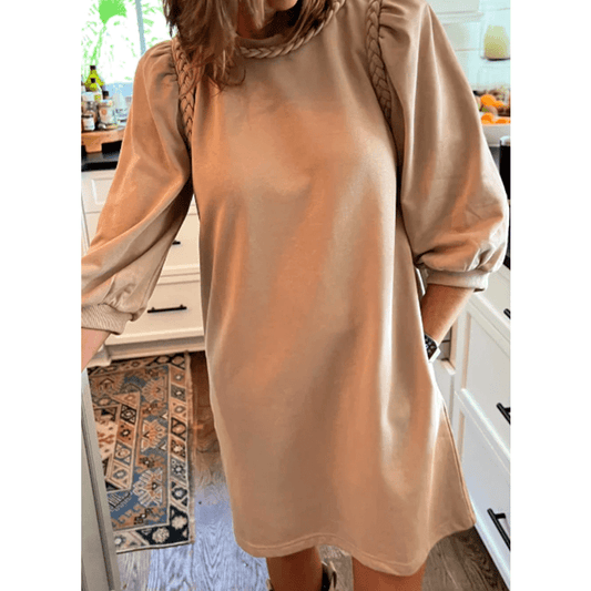 Jaquelle Light French Beige Braided Trim Puff Sleeve Dress