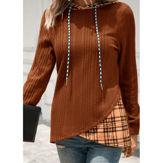 Galinda Chestnut Plaid Patchwork Ribbed Knit Drawstring Hooded Top