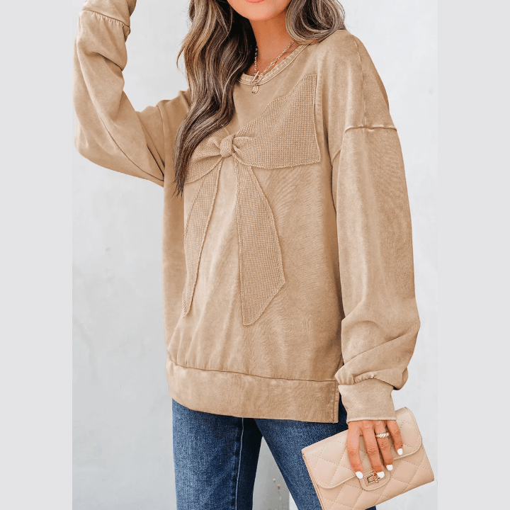 Sachi Light French Beige Mineral Wash Big Bow Patchwork Pullover Sweatshirt