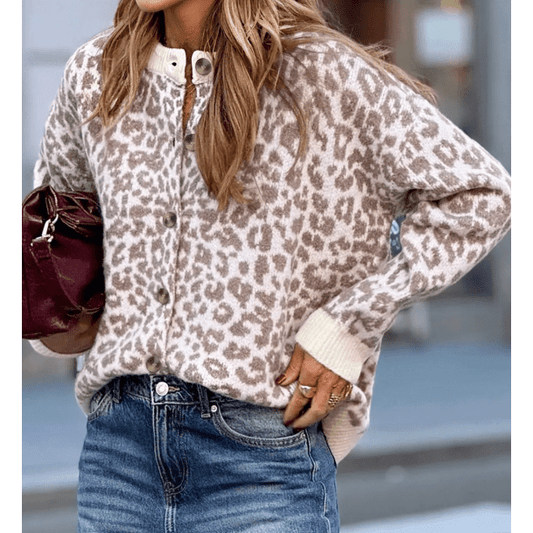 Mimi Khaki Leopard Drop Shoulder Chunky Knitted Cardigan Sweater