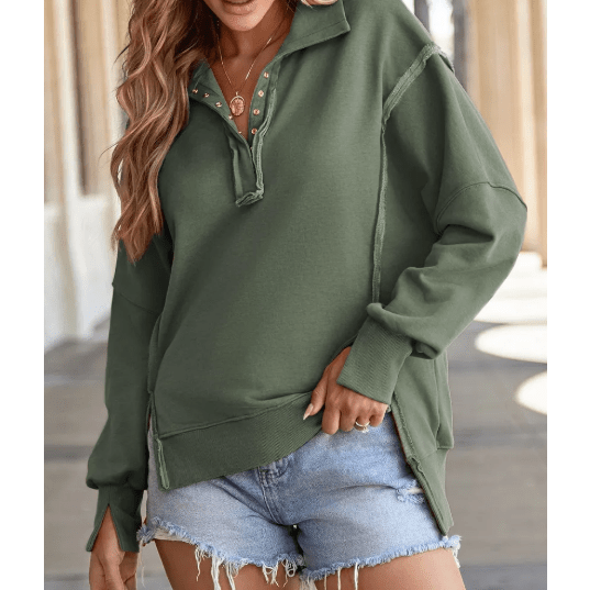 Aria Moss Green Buttoned Collared Raw Detail High Low Baggy Sweatshirt with Slits