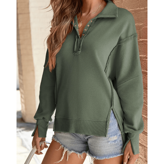 Aria Moss Green Buttoned Collared Raw Detail High Low Baggy Sweatshirt with Slits