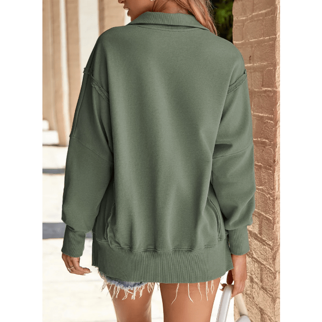 Aria Moss Green Buttoned Collared Raw Detail High Low Baggy Sweatshirt with Slits