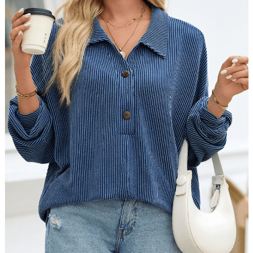 Celina Blue Oversized Twist Ribbed Collared Henley Top with Roll up Sleeve