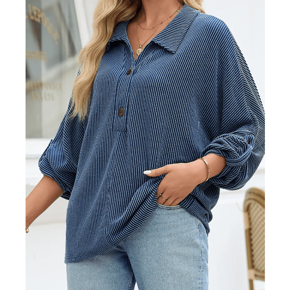 Celina Blue Oversized Twist Ribbed Collared Henley Top with Roll up Sleeve