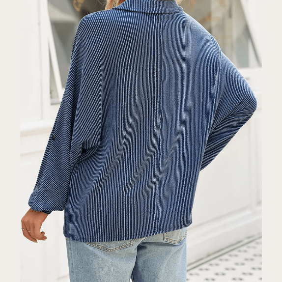 Celina Blue Oversized Twist Ribbed Collared Henley Top with Roll up Sleeve